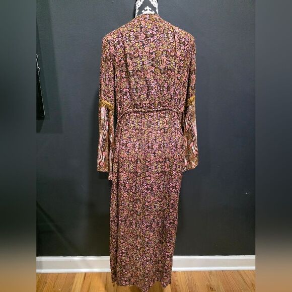Long Boho Dress Floral Print Sz XL V Neck Elastic Waist Earth Tones Peasant - Picture 2 of 11